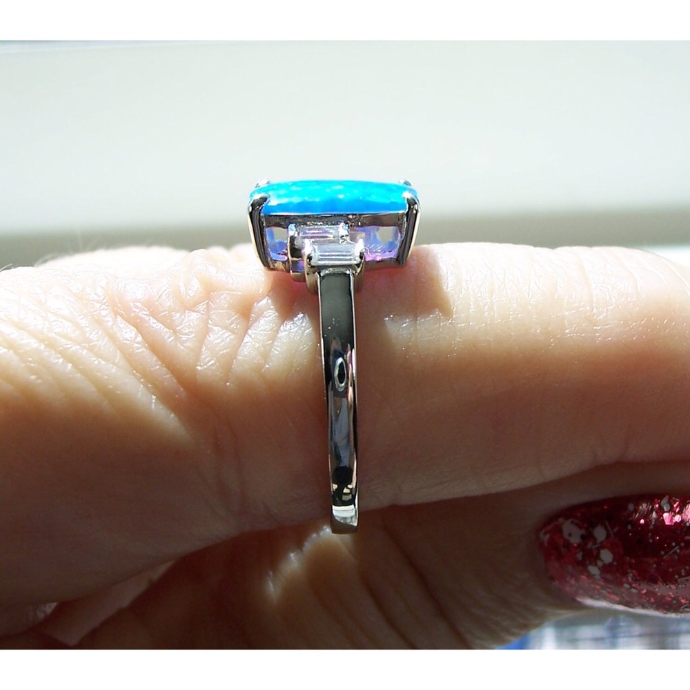 925 STERLING SILVER Lab Created Blue Lavender Fire Opal & CZ Ring - Picture 5 of 13